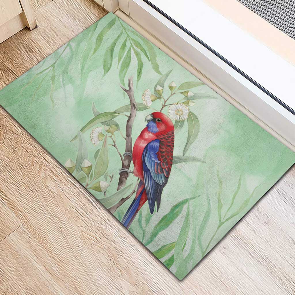 Australia Crimson Rosella Rubber Doormat Platycercus Elegans Eucalyptus Alba Watercolor - Aussie Hoodie