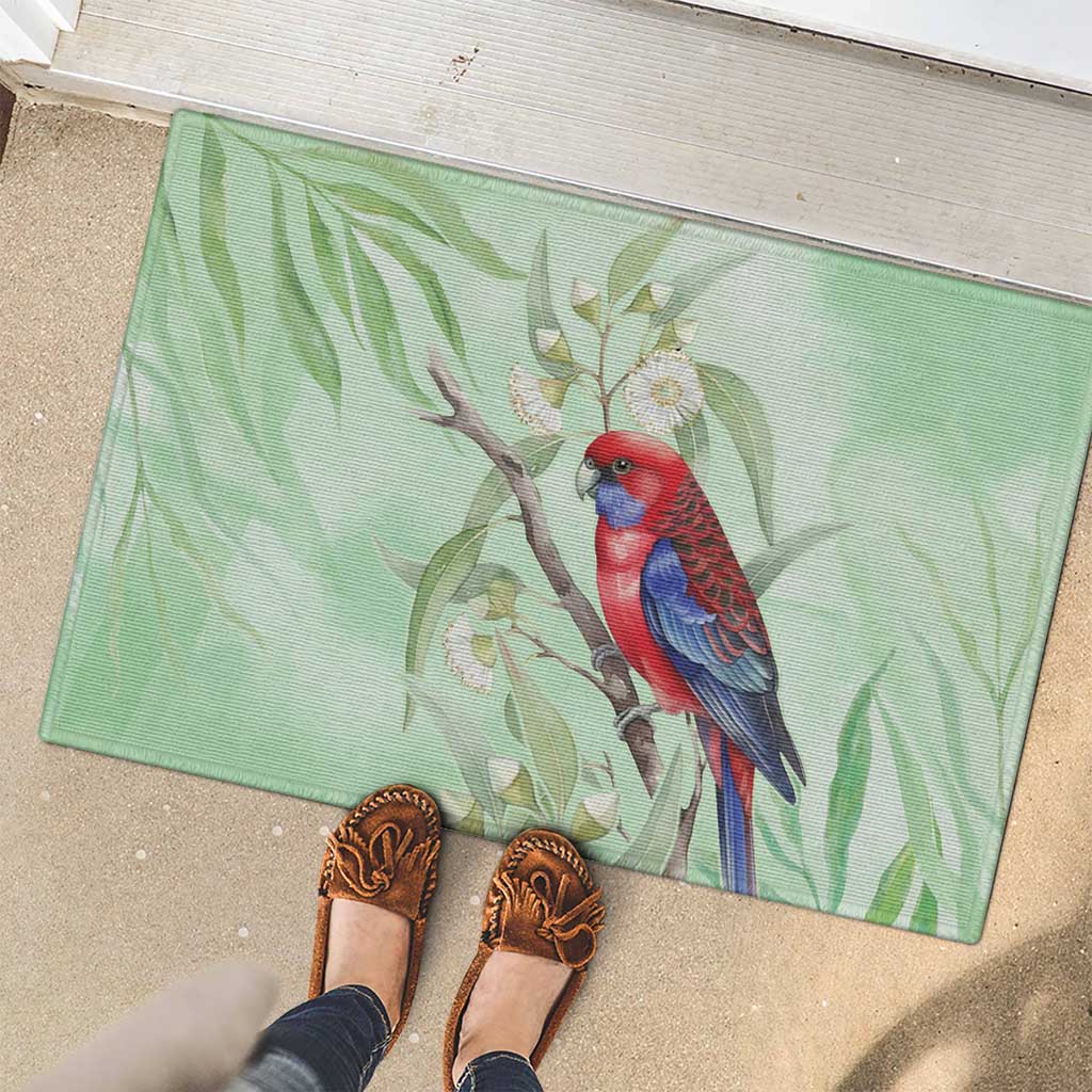 Australia Crimson Rosella Rubber Doormat Platycercus Elegans Eucalyptus Alba Watercolor - Aussie Hoodie