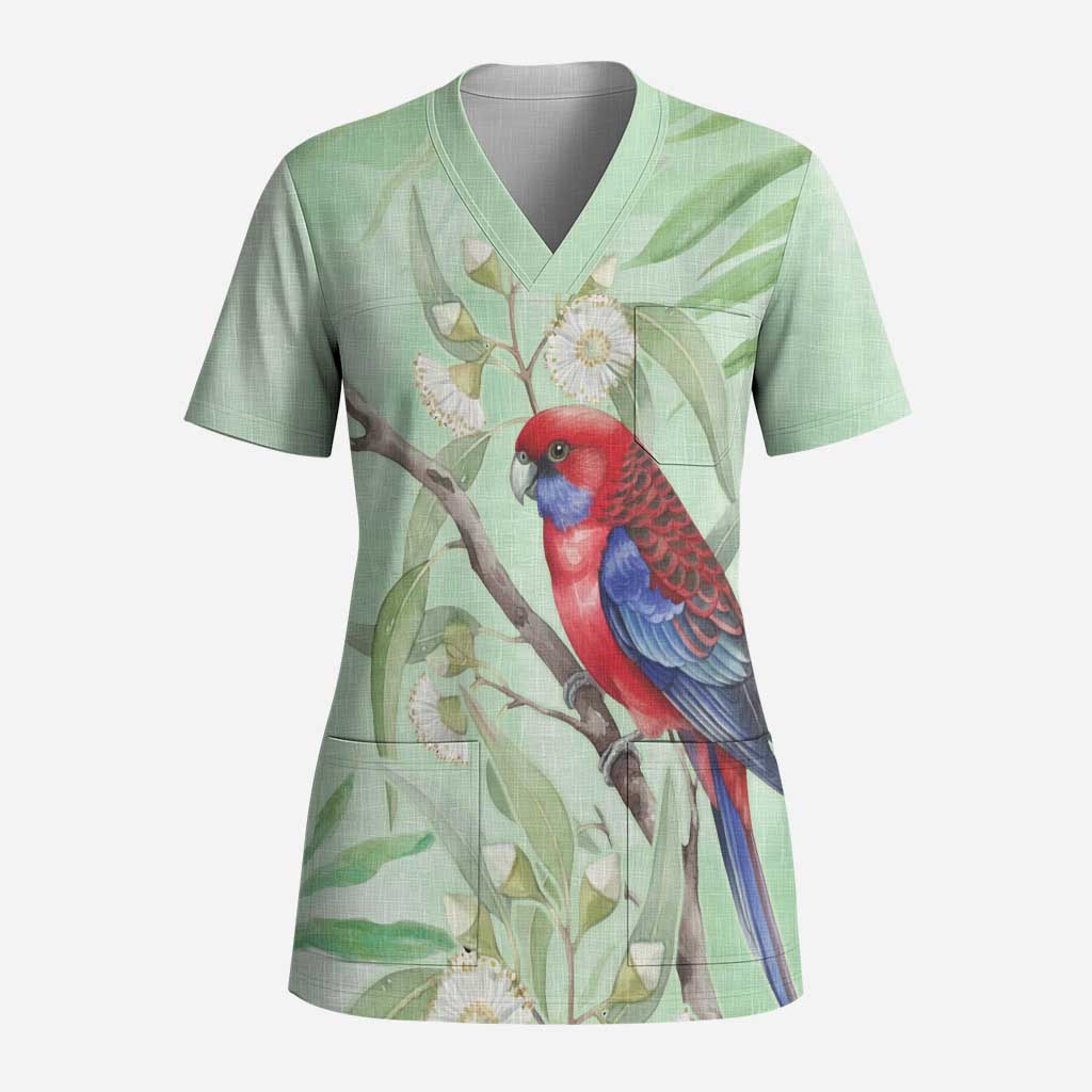 Australia Crimson Rosella Scrub Top Platycercus Elegans Eucalyptus Alba Watercolor - Aussie Hoodie