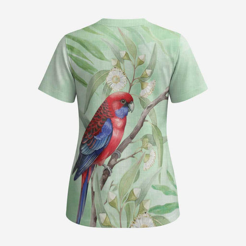 Australia Crimson Rosella Scrub Top Platycercus Elegans Eucalyptus Alba Watercolor - Aussie Hoodie