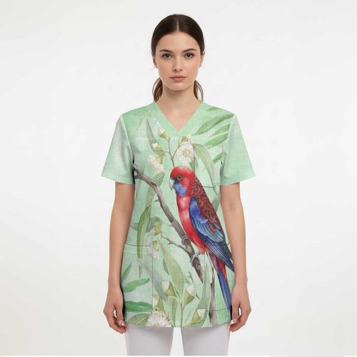 Australia Crimson Rosella Scrub Top Platycercus Elegans Eucalyptus Alba Watercolor - Aussie Hoodie