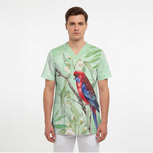 Australia Crimson Rosella Scrub Top Platycercus Elegans Eucalyptus Alba Watercolor - Aussie Hoodie