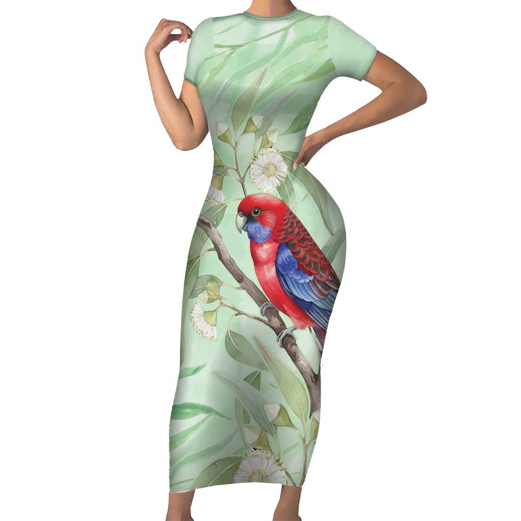 Australia Crimson Rosella Short Sleeve Bodycon Dress Platycercus Elegans Eucalyptus Alba Watercolor - Aussie Hoodie