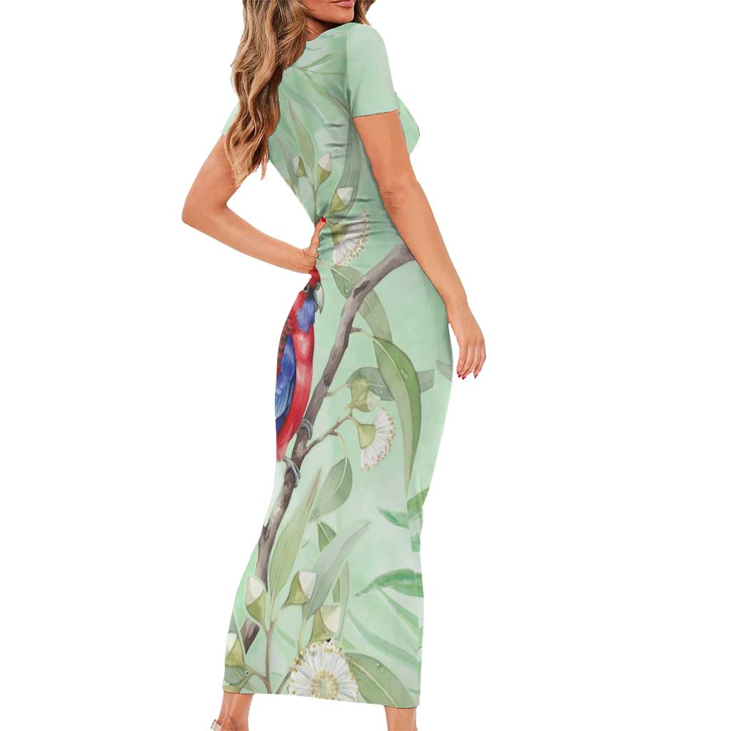 Australia Crimson Rosella Short Sleeve Bodycon Dress Platycercus Elegans Eucalyptus Alba Watercolor - Aussie Hoodie