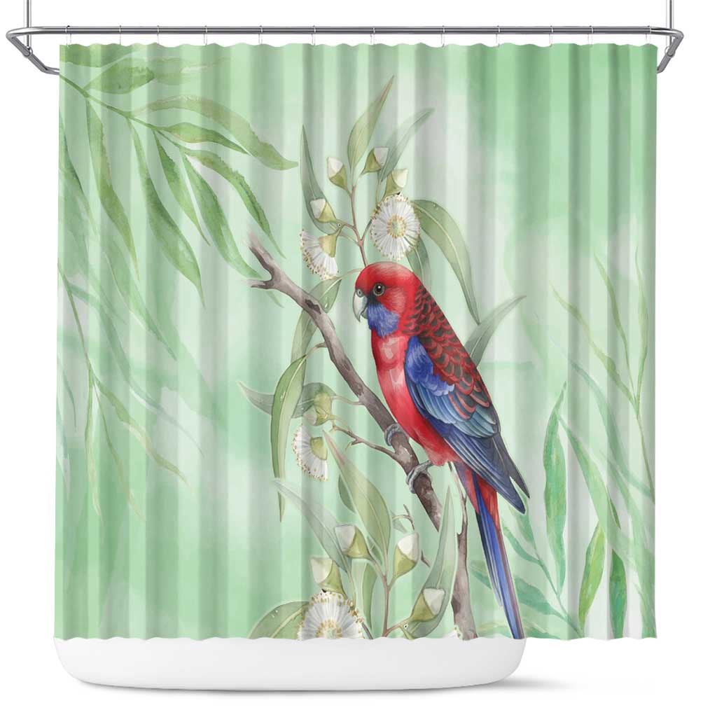 Australia Crimson Rosella Shower Curtain Platycercus Elegans Eucalyptus Alba Watercolor - Aussie Hoodie