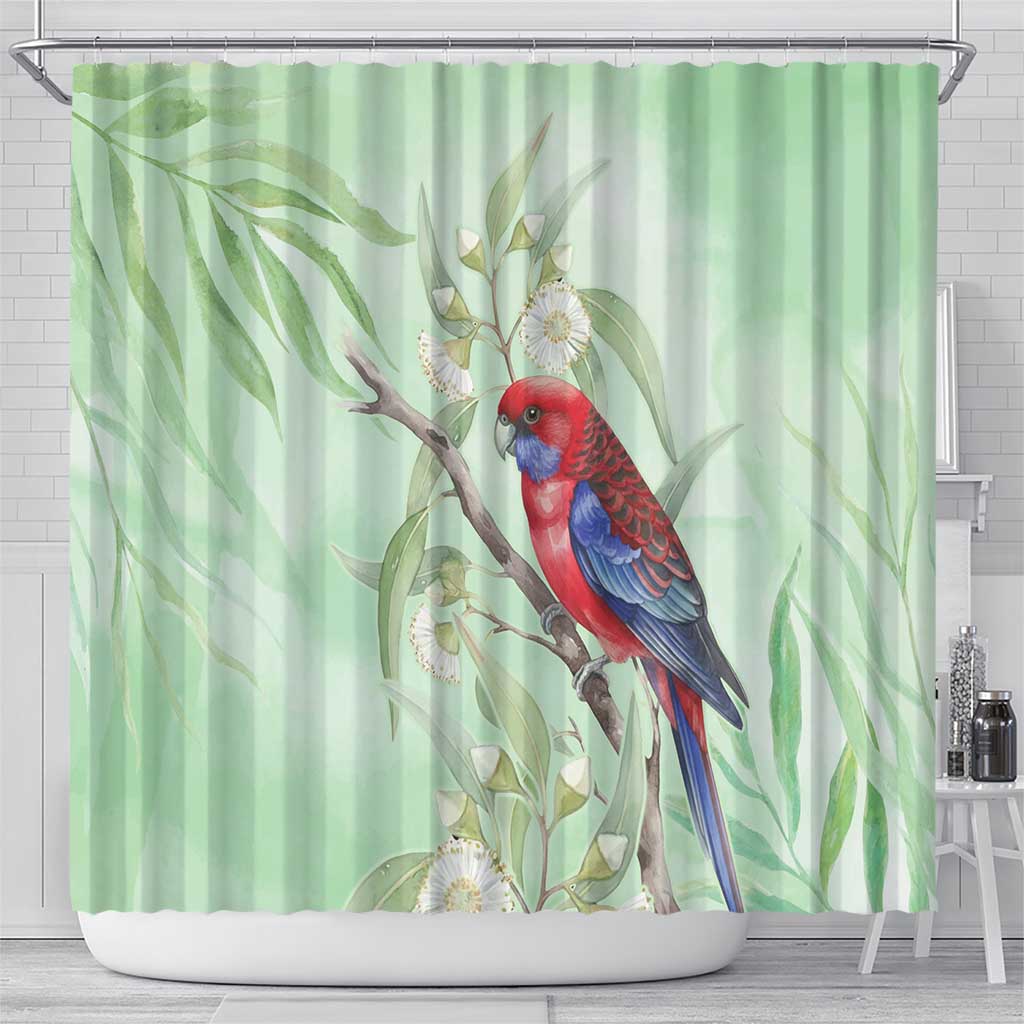 Australia Crimson Rosella Shower Curtain Platycercus Elegans Eucalyptus Alba Watercolor - Aussie Hoodie