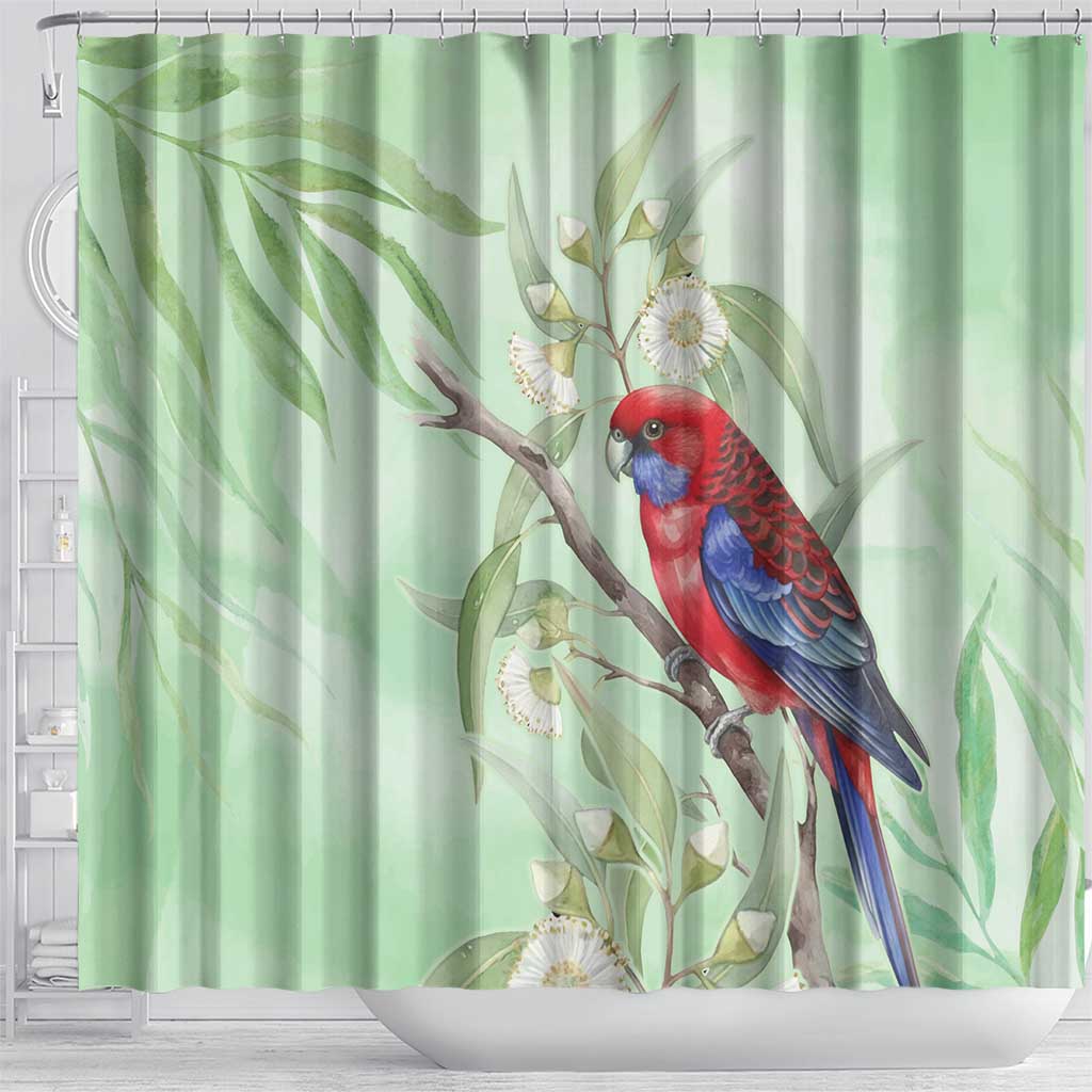 Australia Crimson Rosella Shower Curtain Platycercus Elegans Eucalyptus Alba Watercolor - Aussie Hoodie