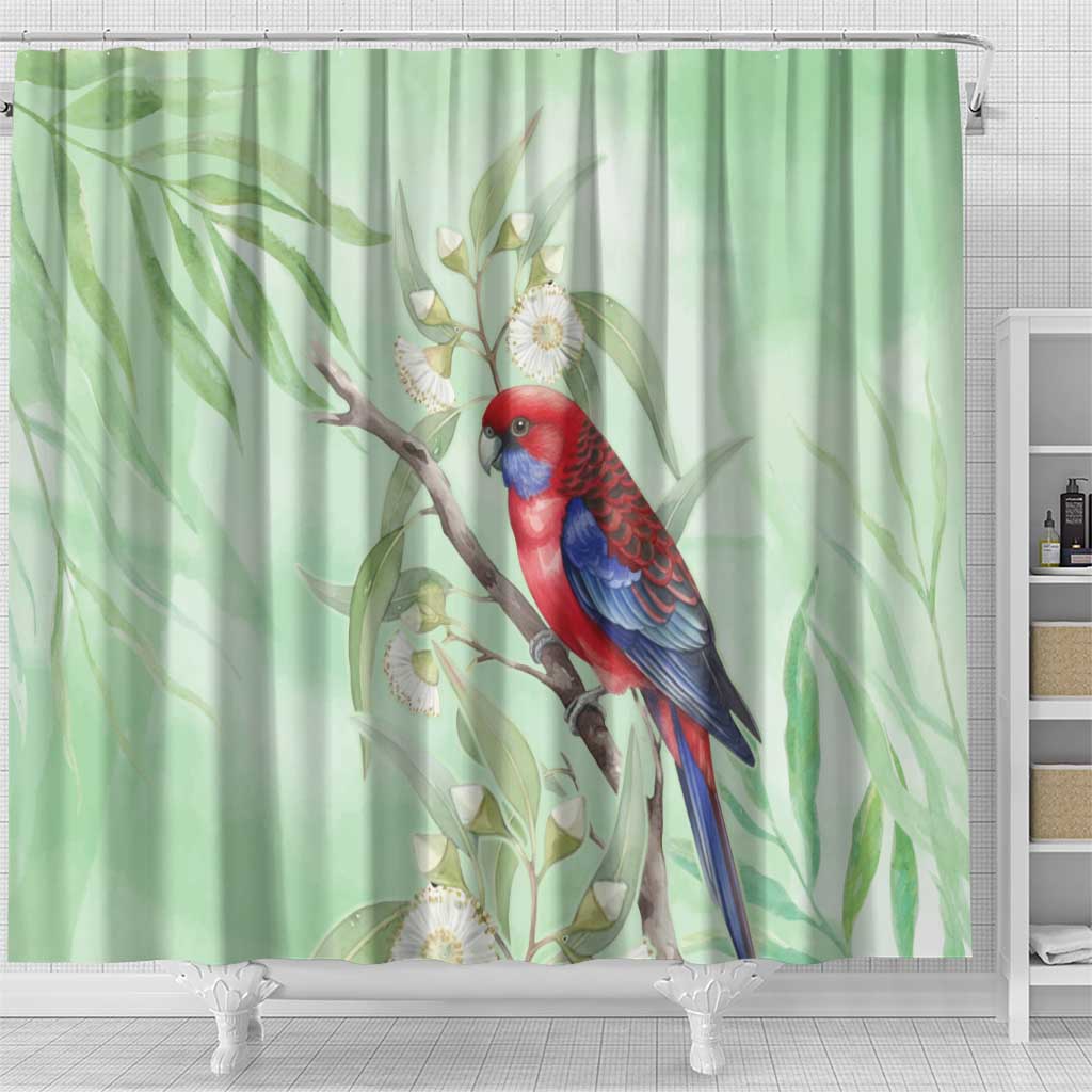 Australia Crimson Rosella Shower Curtain Platycercus Elegans Eucalyptus Alba Watercolor - Aussie Hoodie