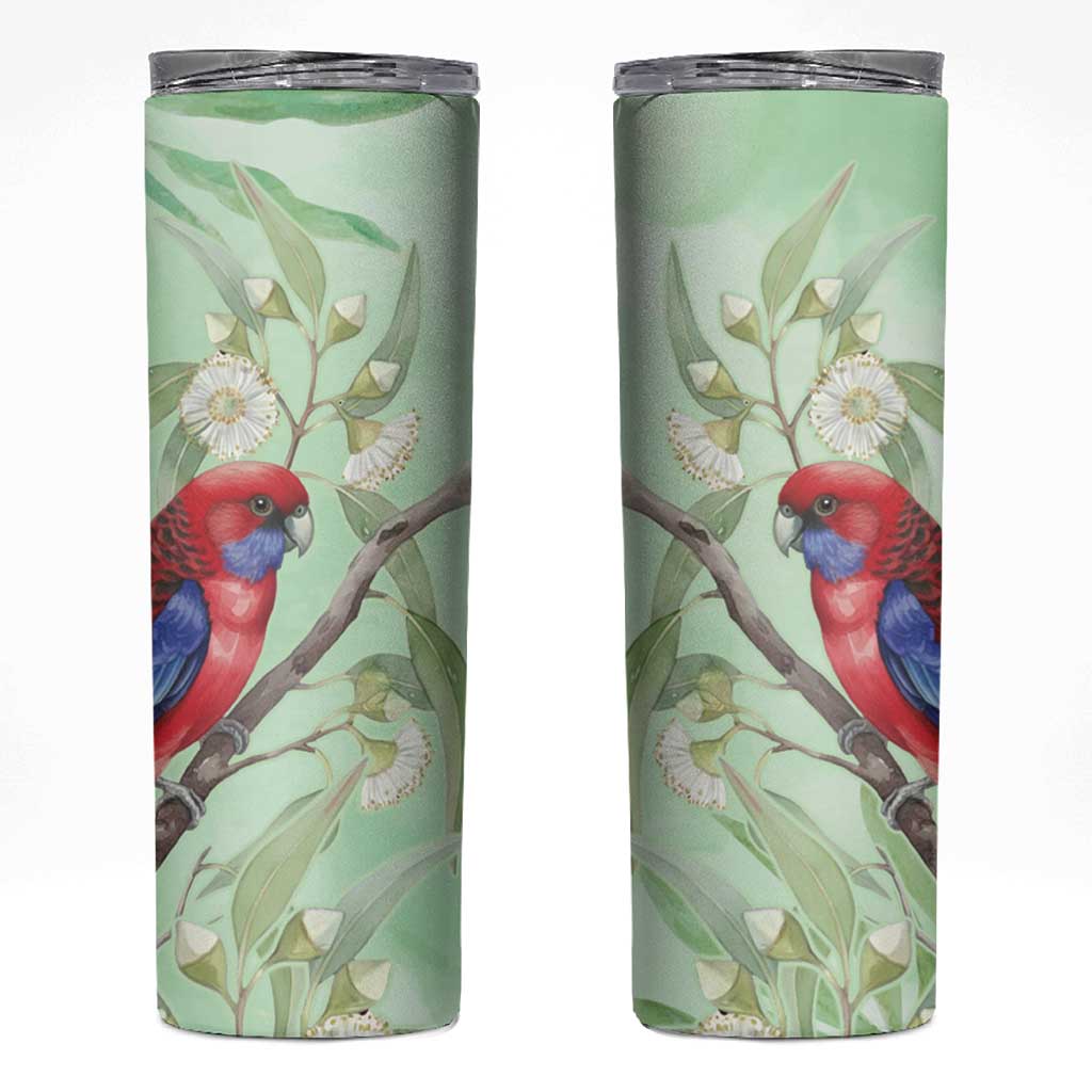Australia Crimson Rosella Skinny Tumbler Platycercus Elegans Eucalyptus Alba Watercolor - Aussie Hoodie