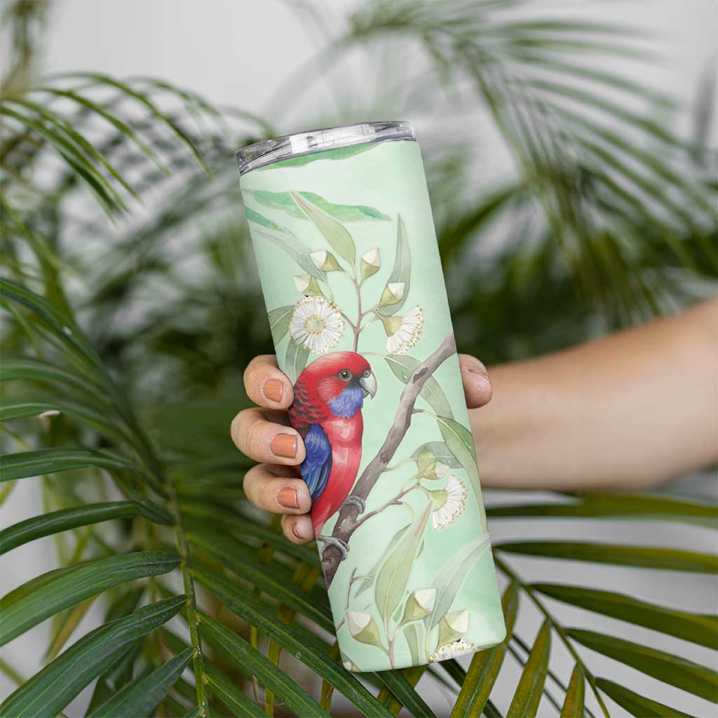 Australia Crimson Rosella Skinny Tumbler Platycercus Elegans Eucalyptus Alba Watercolor - Aussie Hoodie