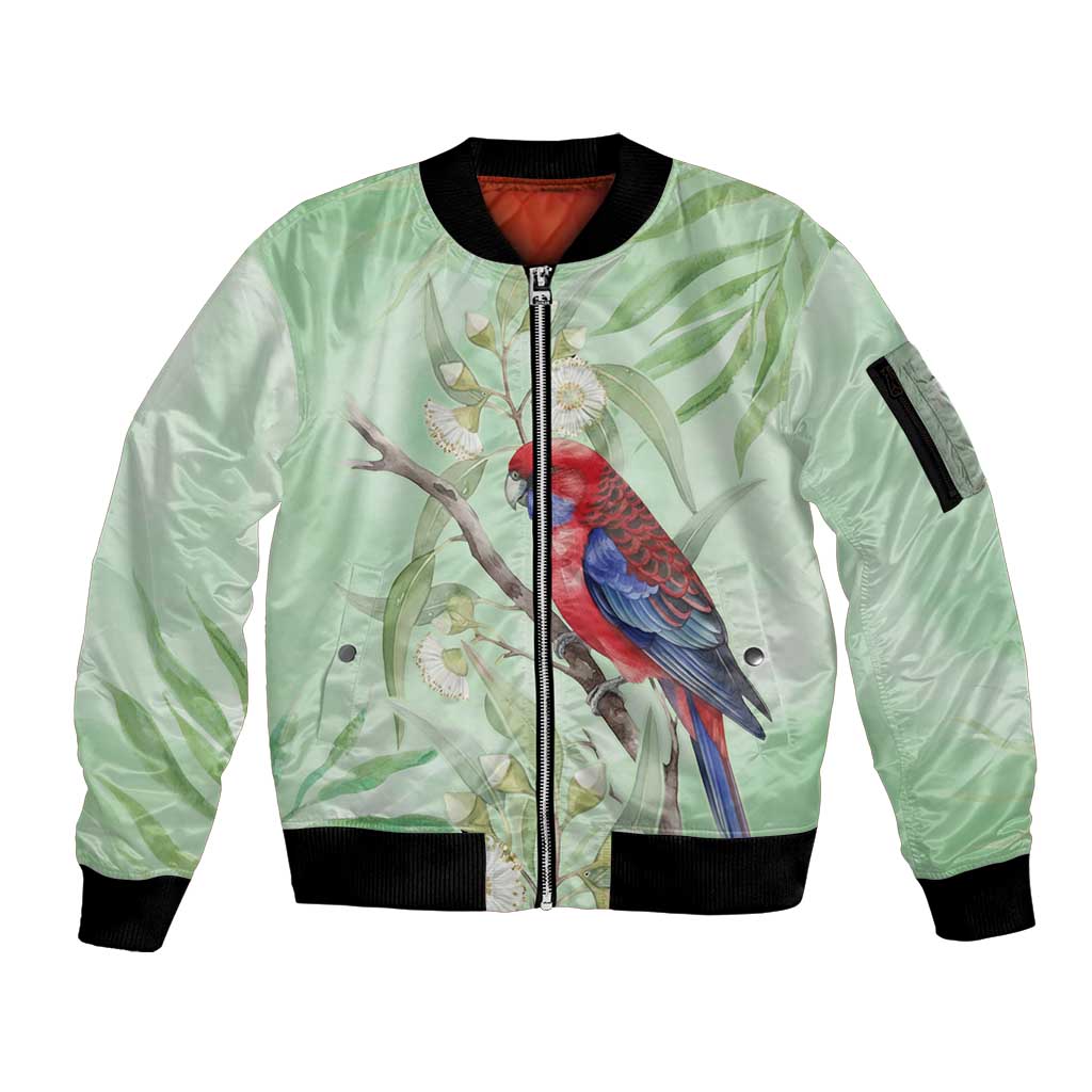 Australia Crimson Rosella Sleeve Zip Bomber Jacket Platycercus Elegans Eucalyptus Alba Watercolor - Aussie Hoodie