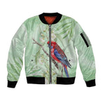 Australia Crimson Rosella Sleeve Zip Bomber Jacket Platycercus Elegans Eucalyptus Alba Watercolor - Aussie Hoodie