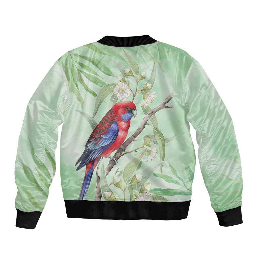 Australia Crimson Rosella Sleeve Zip Bomber Jacket Platycercus Elegans Eucalyptus Alba Watercolor - Aussie Hoodie