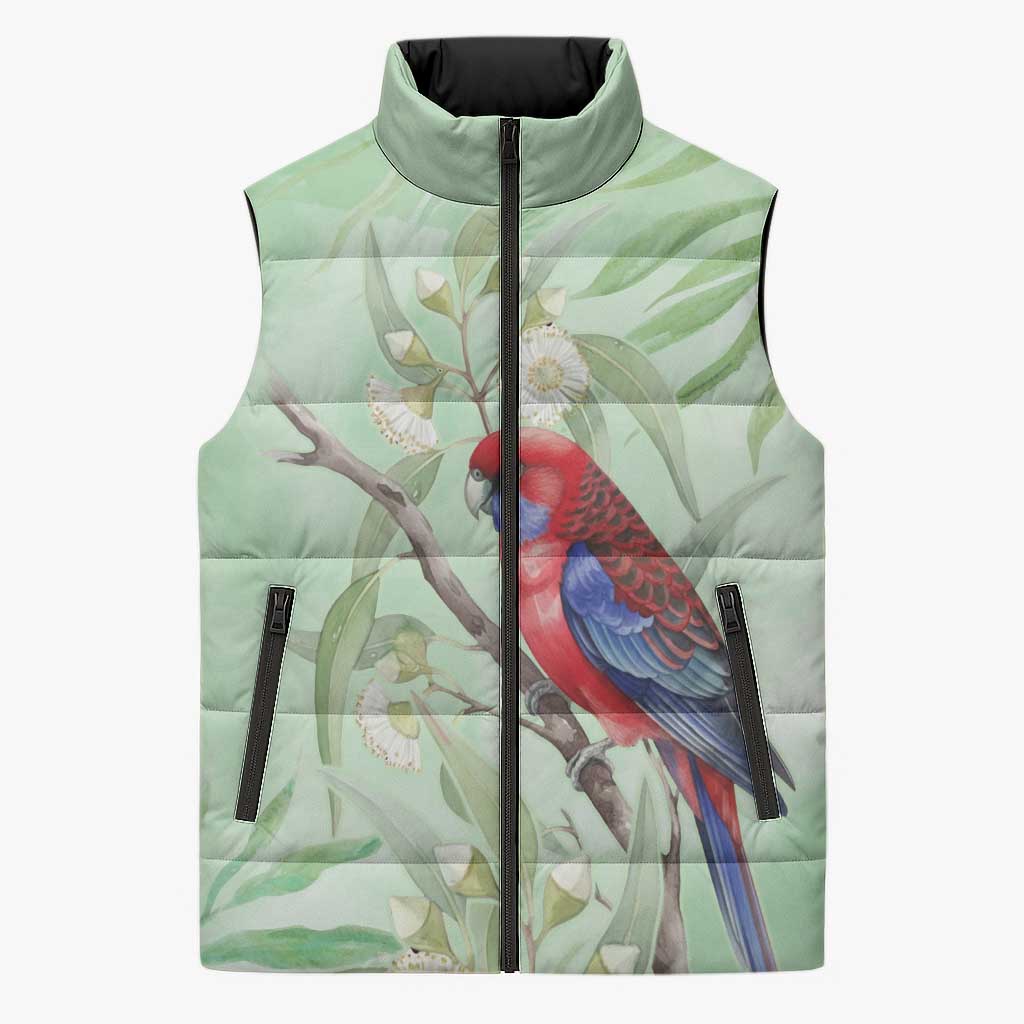 Australia Crimson Rosella Sleeveless Puffer Jacket Platycercus Elegans Eucalyptus Alba Watercolor - Aussie Hoodie