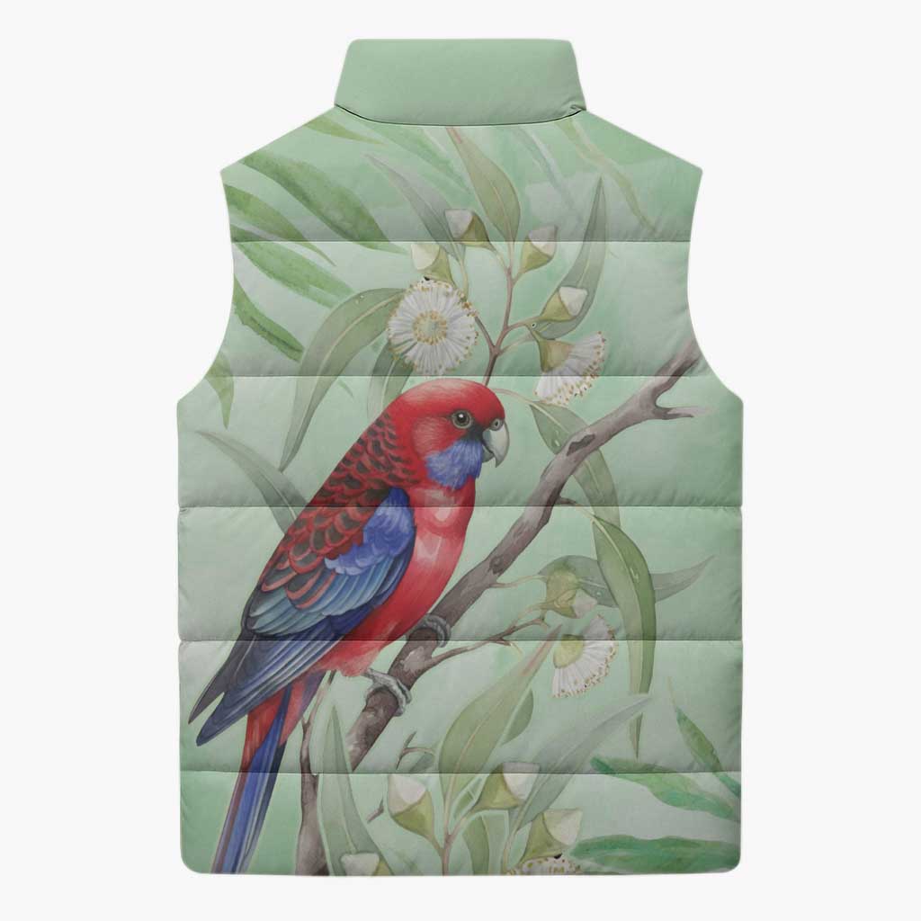 Australia Crimson Rosella Sleeveless Puffer Jacket Platycercus Elegans Eucalyptus Alba Watercolor - Aussie Hoodie