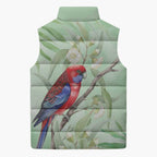 Australia Crimson Rosella Sleeveless Puffer Jacket Platycercus Elegans Eucalyptus Alba Watercolor - Aussie Hoodie