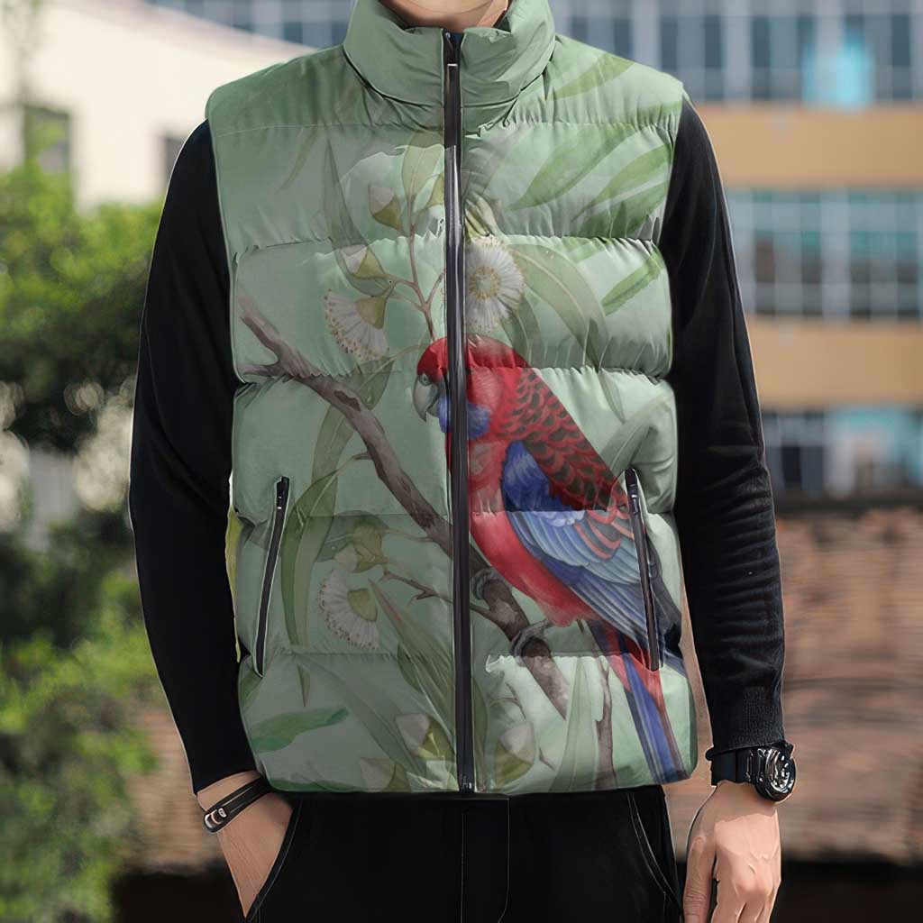 Australia Crimson Rosella Sleeveless Puffer Jacket Platycercus Elegans Eucalyptus Alba Watercolor - Aussie Hoodie