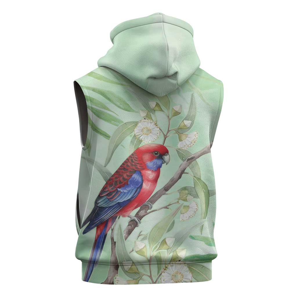Australia Crimson Rosella Sleeveless Zip Hoodie Platycercus Elegans Eucalyptus Alba Watercolor - Aussie Hoodie