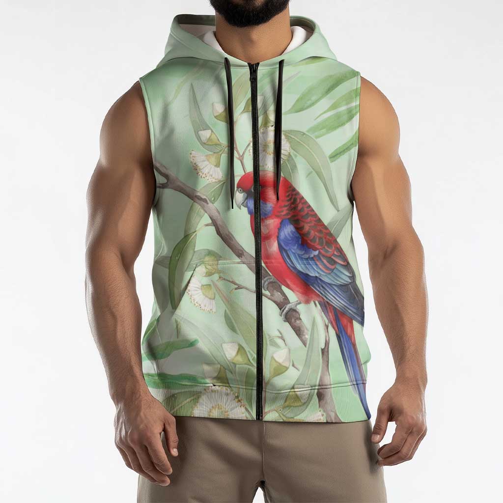 Australia Crimson Rosella Sleeveless Zip Hoodie Platycercus Elegans Eucalyptus Alba Watercolor - Aussie Hoodie