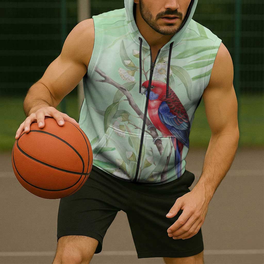 Australia Crimson Rosella Sleeveless Zip Hoodie Platycercus Elegans Eucalyptus Alba Watercolor - Aussie Hoodie