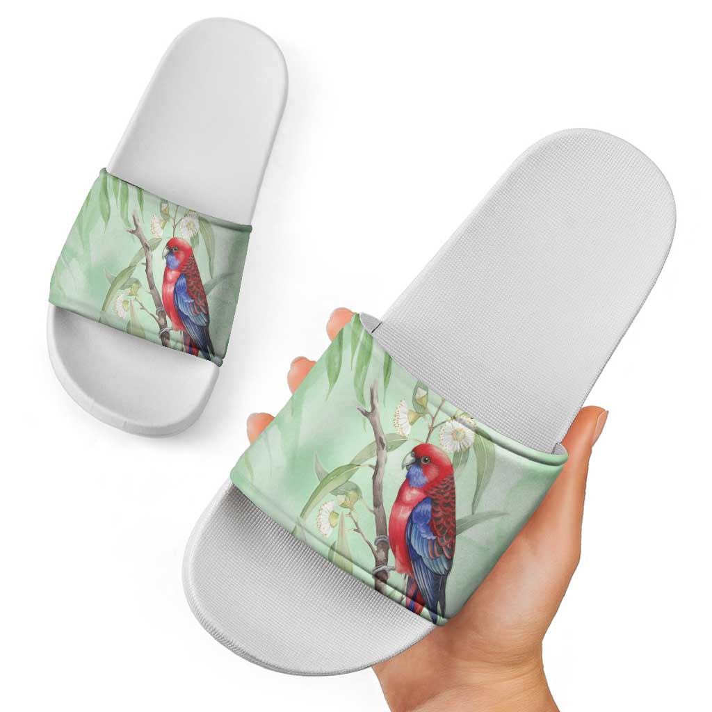Australia Crimson Rosella Slide Sandals Platycercus Elegans Eucalyptus Alba Watercolor - Aussie Hoodie