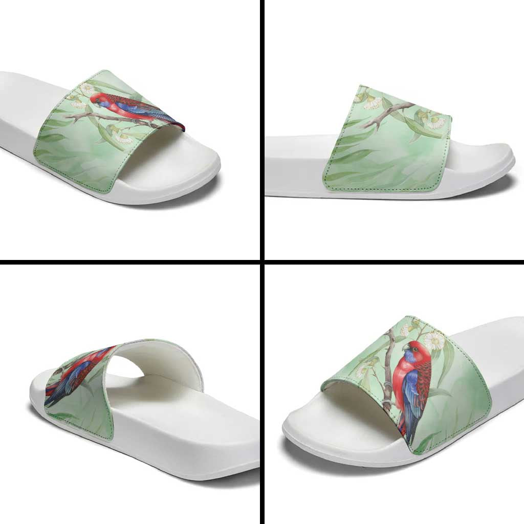 Australia Crimson Rosella Slide Sandals Platycercus Elegans Eucalyptus Alba Watercolor - Aussie Hoodie