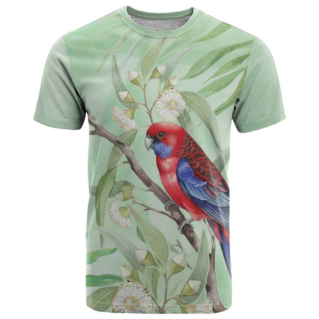 Australia Crimson Rosella T Shirt Platycercus Elegans Eucalyptus Alba Watercolor - Aussie Hoodie