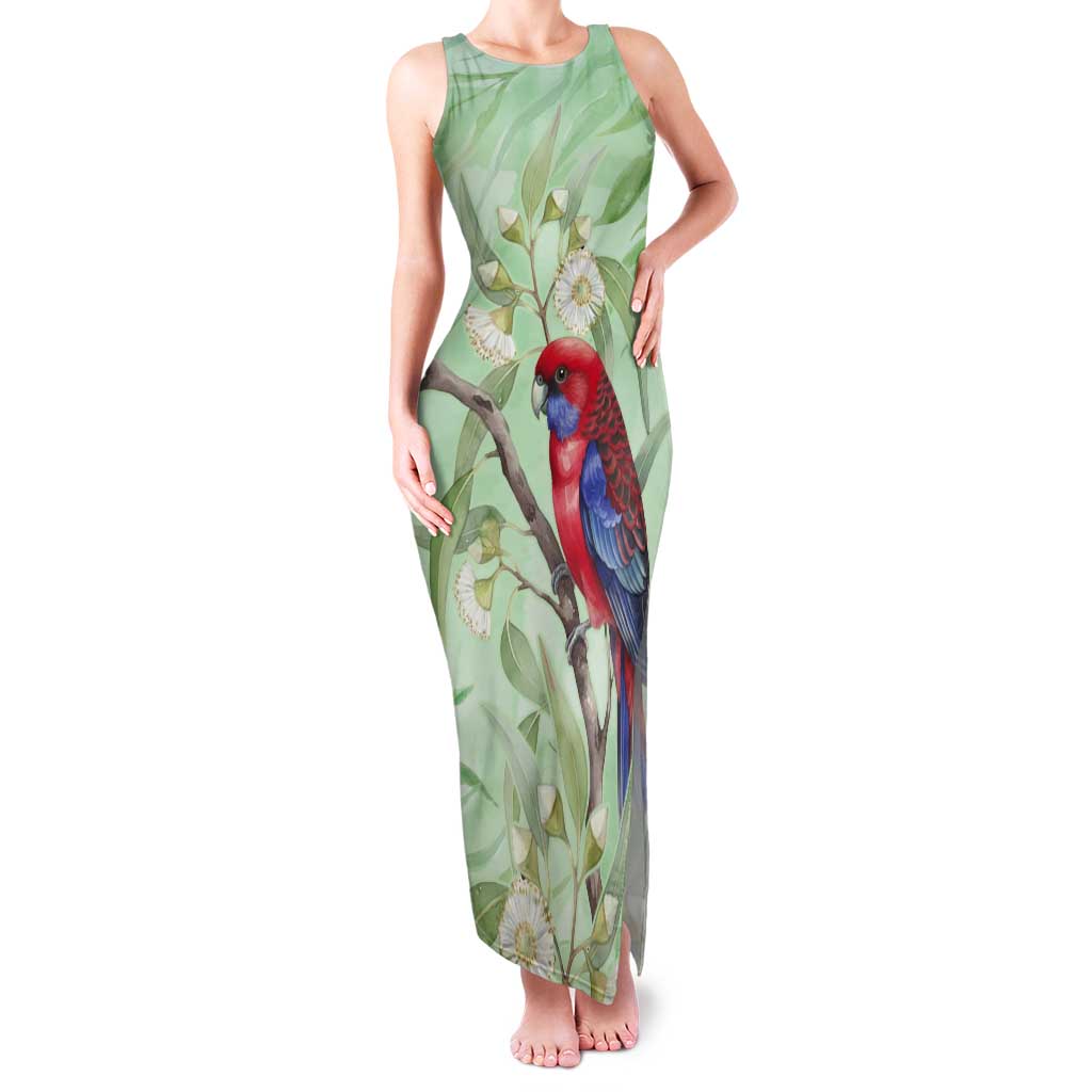 Australia Crimson Rosella Tank Maxi Dress Platycercus Elegans Eucalyptus Alba Watercolor - Aussie Hoodie