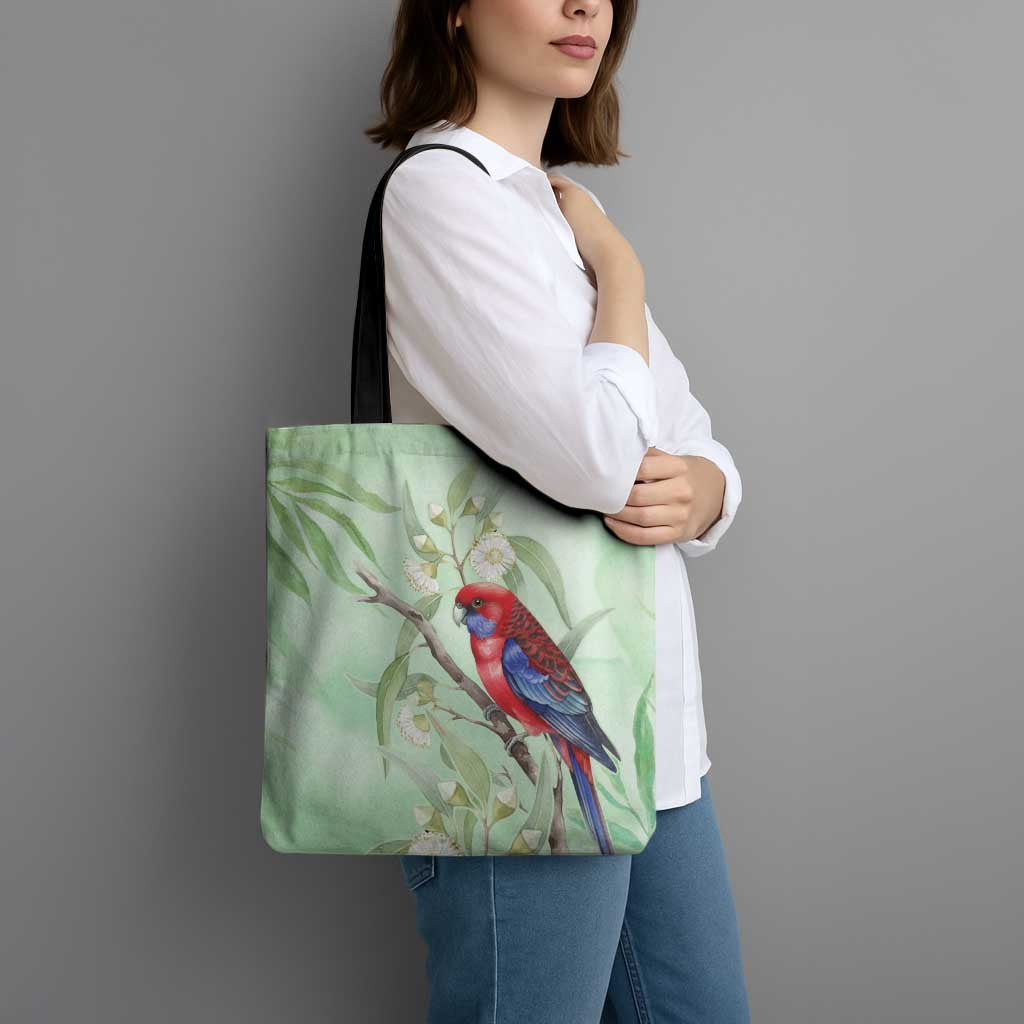 Australia Crimson Rosella Tote Bag Platycercus Elegans Eucalyptus Alba Watercolor - Aussie Hoodie