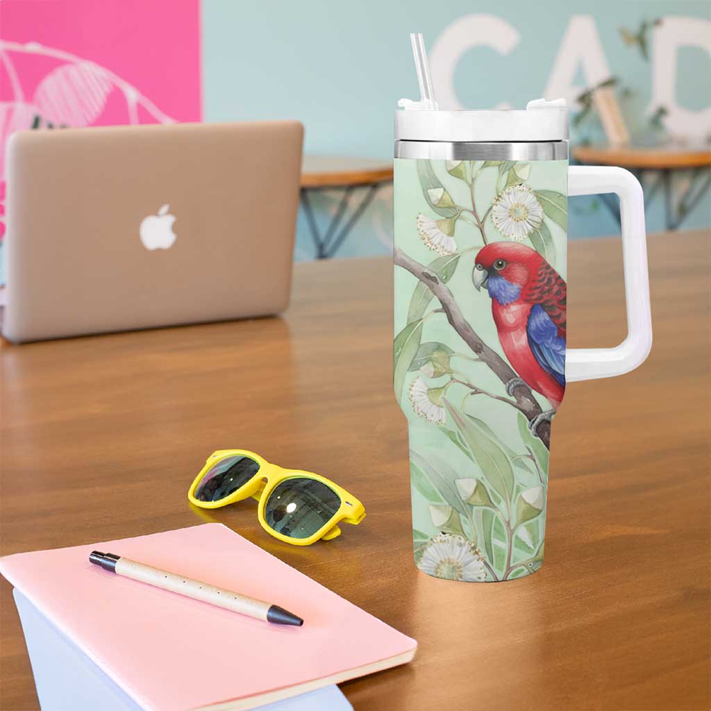 Australia Crimson Rosella Tumbler With Handle Platycercus Elegans Eucalyptus Alba Watercolor - Aussie Hoodie