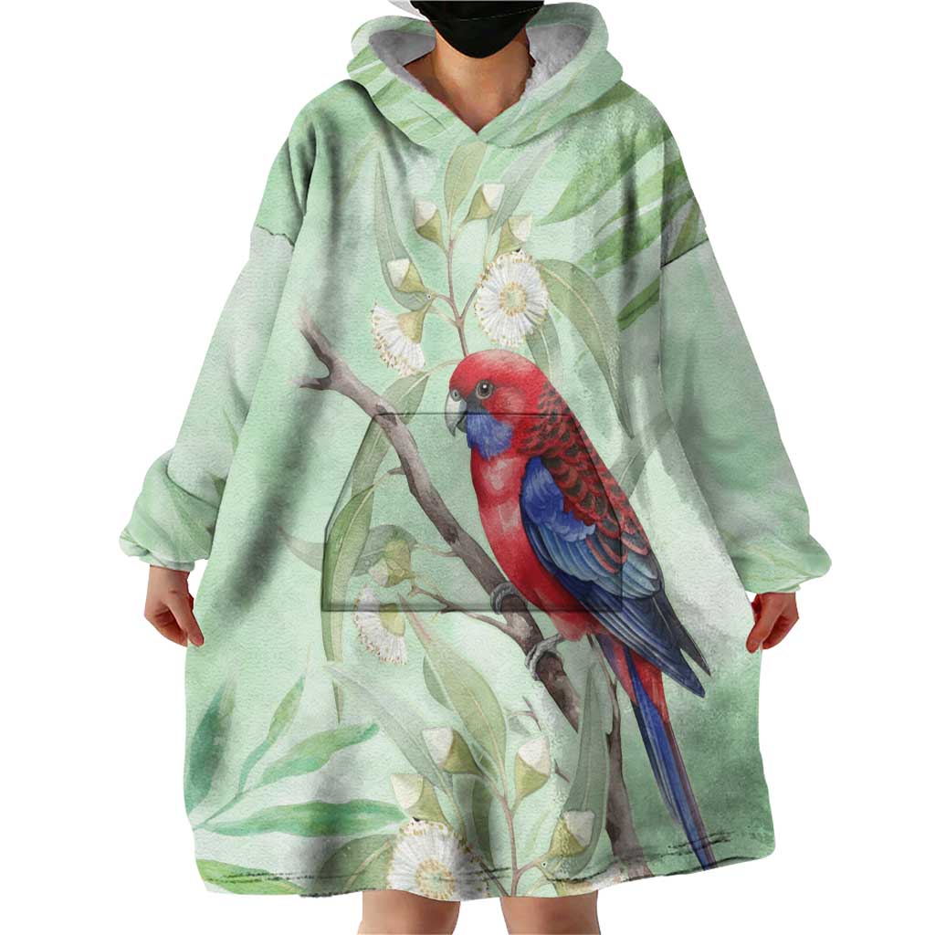 Australia Crimson Rosella Wearable Blanket Hoodie Platycercus Elegans Eucalyptus Alba Watercolor - Aussie Hoodie