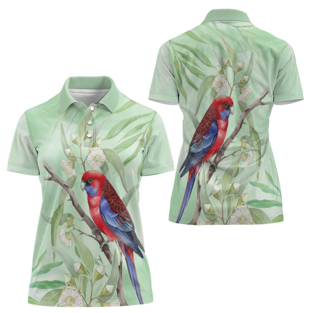 Australia Crimson Rosella Women Polo Shirt Platycercus Elegans Eucalyptus Alba Watercolor - Aussie Hoodie