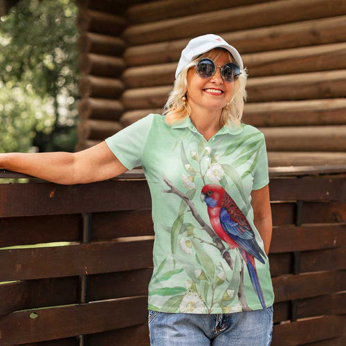 Australia Crimson Rosella Women Polo Shirt Platycercus Elegans Eucalyptus Alba Watercolor - Aussie Hoodie