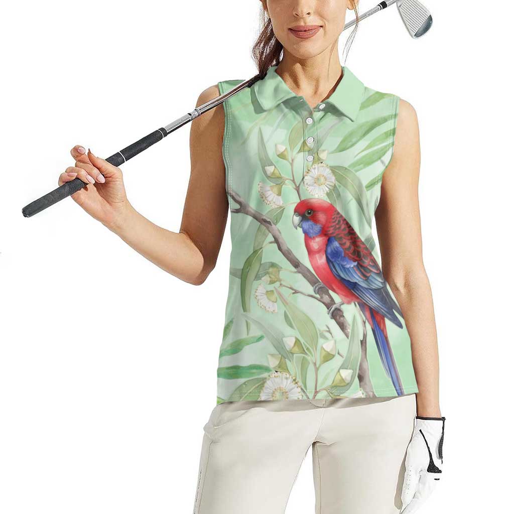 Australia Crimson Rosella Women Sleeveless Polo Shirt Platycercus Elegans Eucalyptus Alba Watercolor - Aussie Hoodie