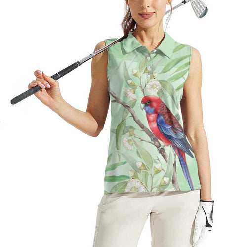 Australia Crimson Rosella Women Sleeveless Polo Shirt Platycercus Elegans Eucalyptus Alba Watercolor - Aussie Hoodie