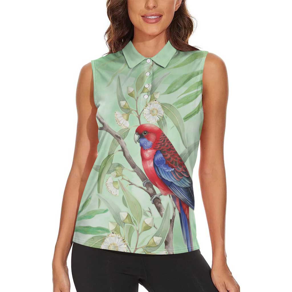Australia Crimson Rosella Women Sleeveless Polo Shirt Platycercus Elegans Eucalyptus Alba Watercolor - Aussie Hoodie