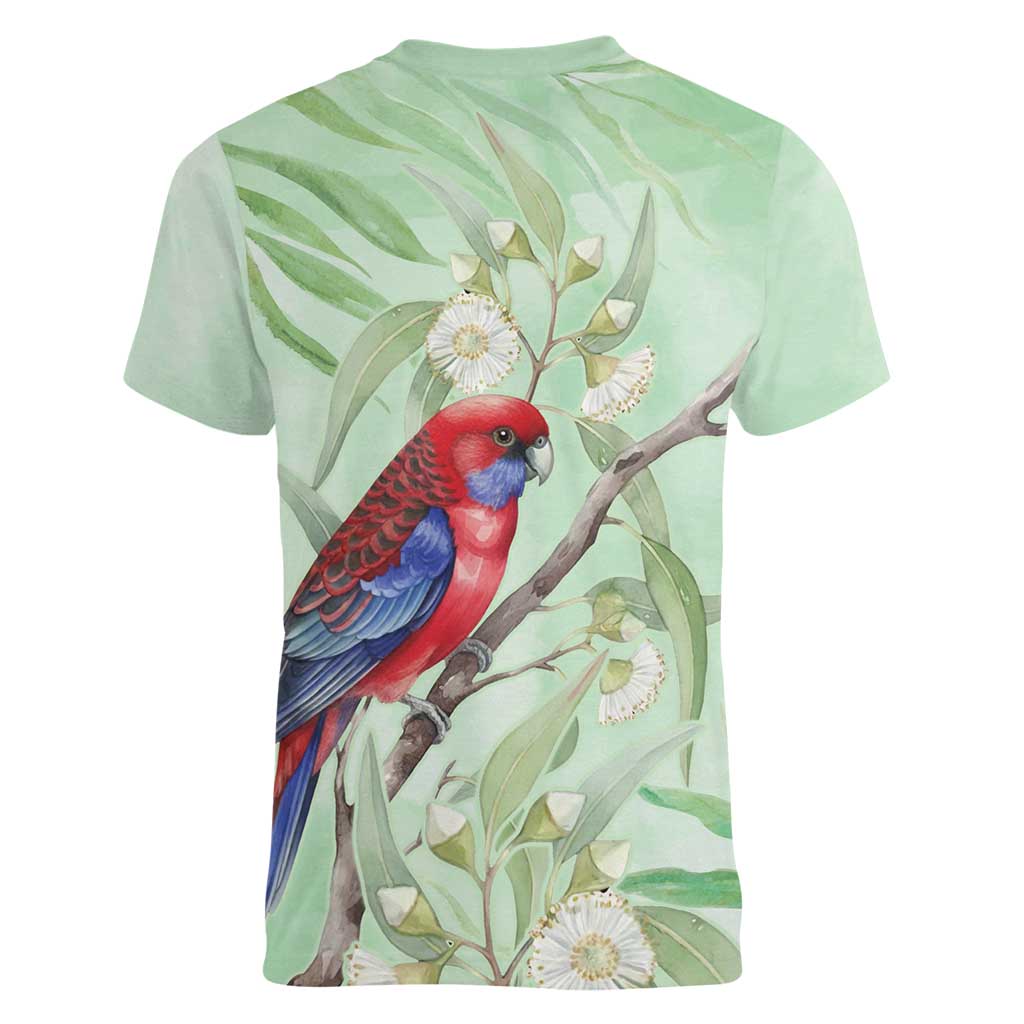 Australia Crimson Rosella Women V-Neck T-Shirt Platycercus Elegans Eucalyptus Alba Watercolor - Aussie Hoodie