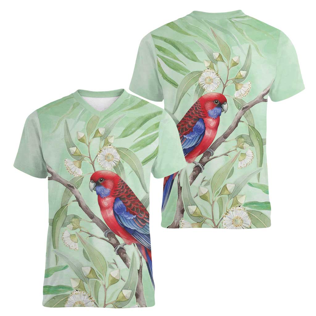 Australia Crimson Rosella Women V-Neck T-Shirt Platycercus Elegans Eucalyptus Alba Watercolor - Aussie Hoodie