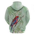 Australia Crimson Rosella Zip Hoodie Platycercus Elegans Eucalyptus Alba Watercolor - Aussie Hoodie