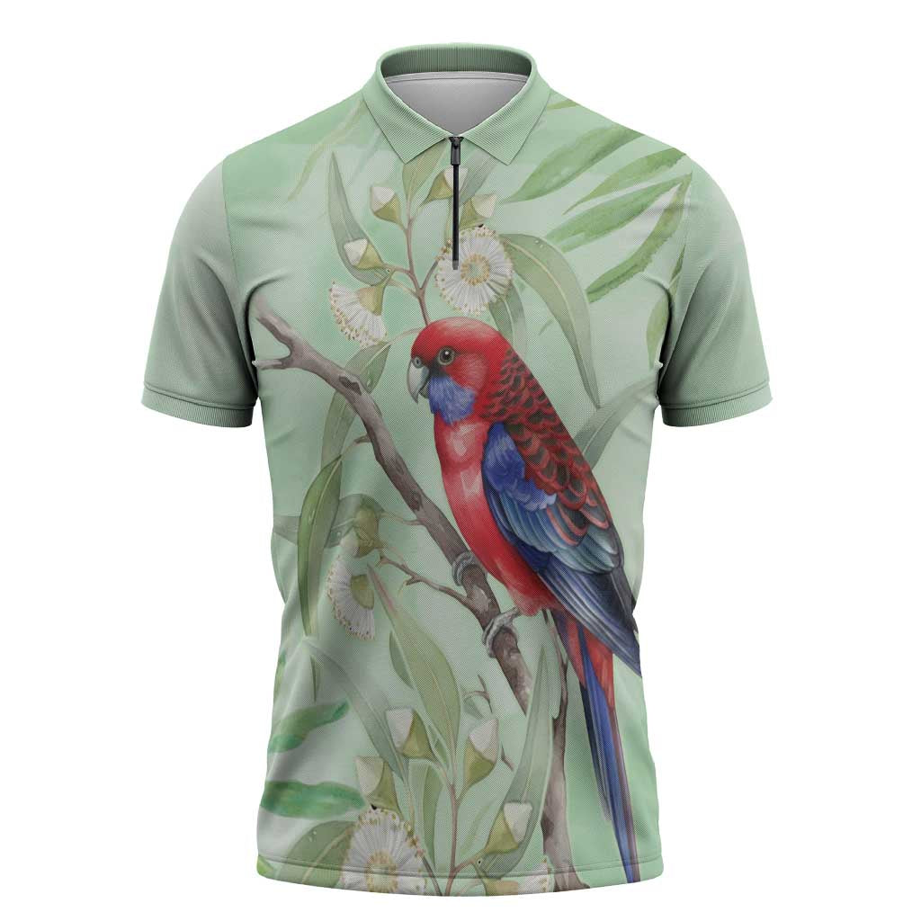 Australia Crimson Rosella Zipper Polo Shirt Platycercus Elegans Eucalyptus Alba Watercolor - Aussie Hoodie