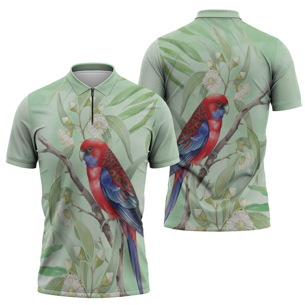 Australia Crimson Rosella Zipper Polo Shirt Platycercus Elegans Eucalyptus Alba Watercolor - Aussie Hoodie