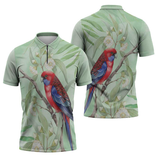 Australia Crimson Rosella Zipper Polo Shirt Platycercus Elegans Eucalyptus Alba Watercolor - Aussie Hoodie