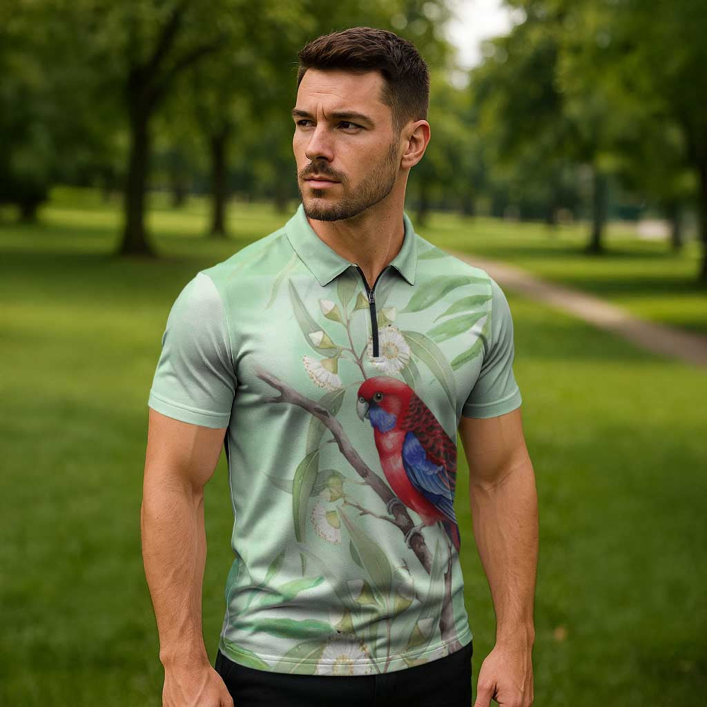 Australia Crimson Rosella Zipper Polo Shirt Platycercus Elegans Eucalyptus Alba Watercolor - Aussie Hoodie