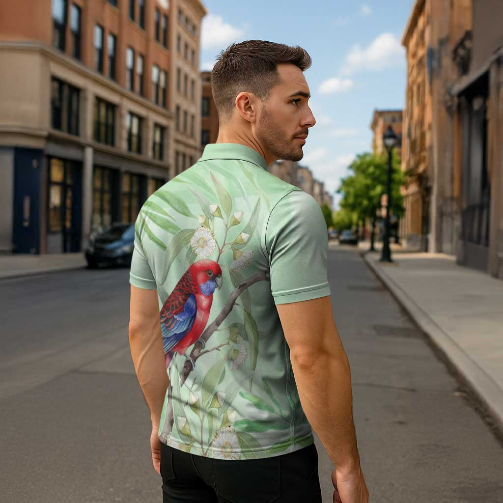Australia Crimson Rosella Zipper Polo Shirt Platycercus Elegans Eucalyptus Alba Watercolor - Aussie Hoodie