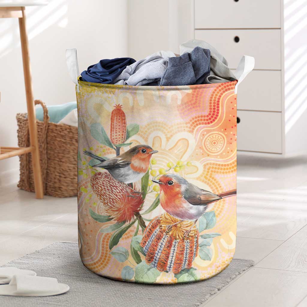 Australia Flame Robin Laundry Basket Petroica Phoenicea Banksia Indigenous Art - Aussie Hoodie