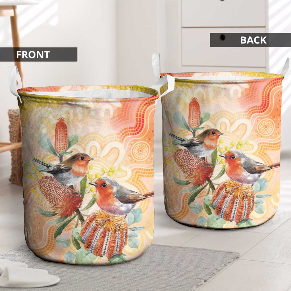 Australia Flame Robin Laundry Basket Petroica Phoenicea Banksia Indigenous Art - Aussie Hoodie