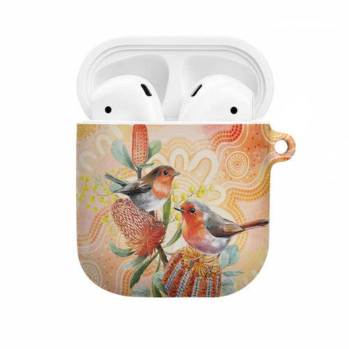 Australia Flame Robin AirPods Case Petroica Phoenicea Banksia Indigenous Art - Aussie Hoodie
