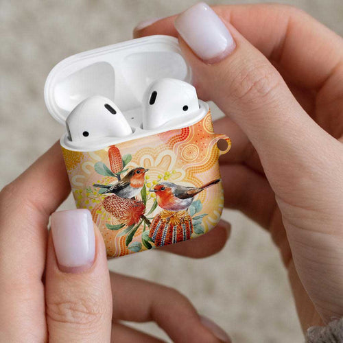 Australia Flame Robin AirPods Case Petroica Phoenicea Banksia Indigenous Art - Aussie Hoodie