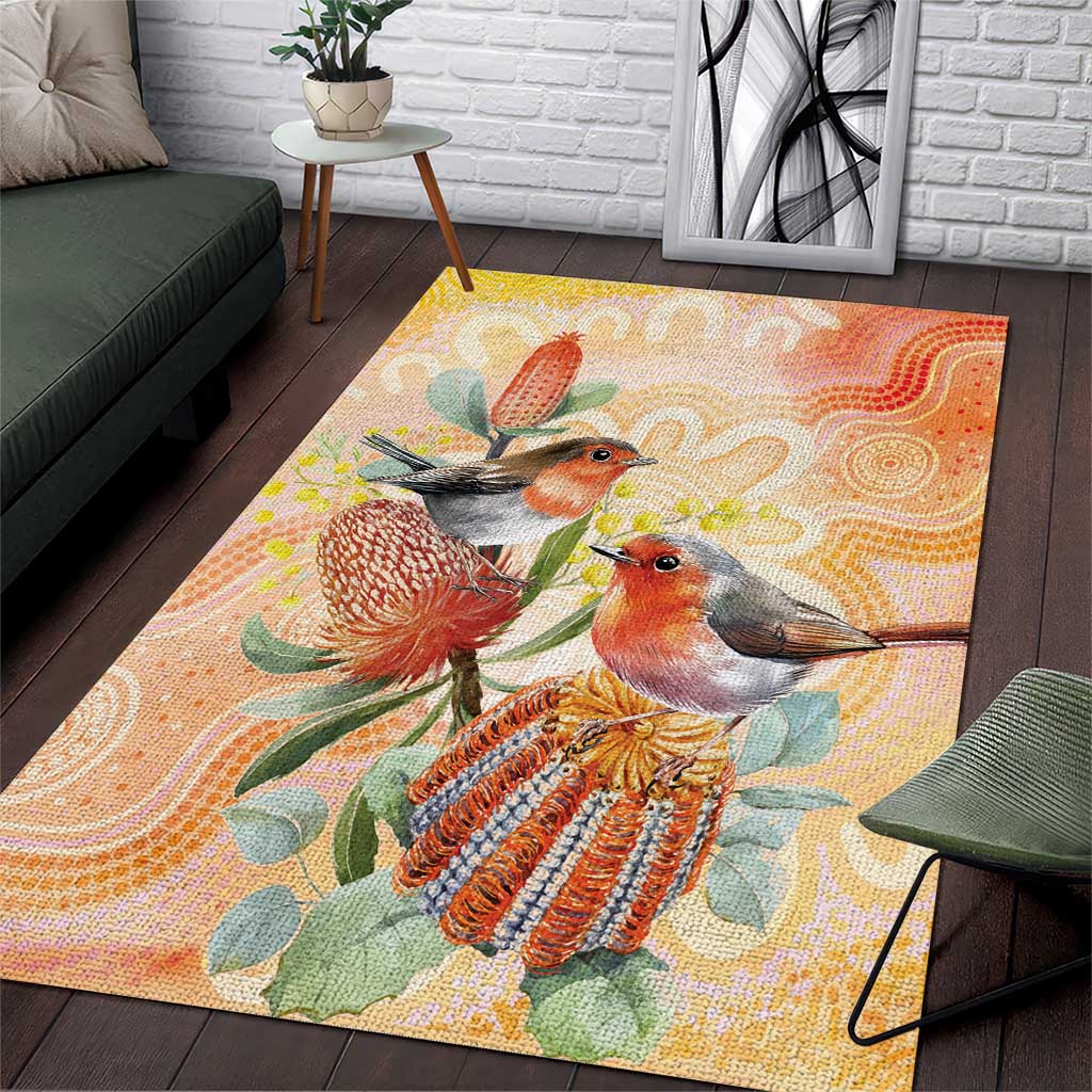 Australia Flame Robin Area Rug Petroica Phoenicea Banksia Indigenous Art - Aussie Hoodie