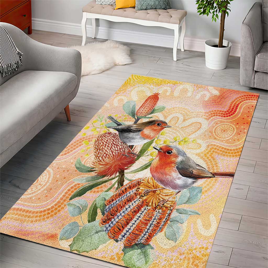 Australia Flame Robin Area Rug Petroica Phoenicea Banksia Indigenous Art - Aussie Hoodie
